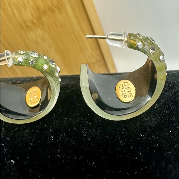 ALEXIS BITTAR  Army Olive Green Rhinestone Crystal Studded Lucite Hoop Earrings - Picture 6 of 10